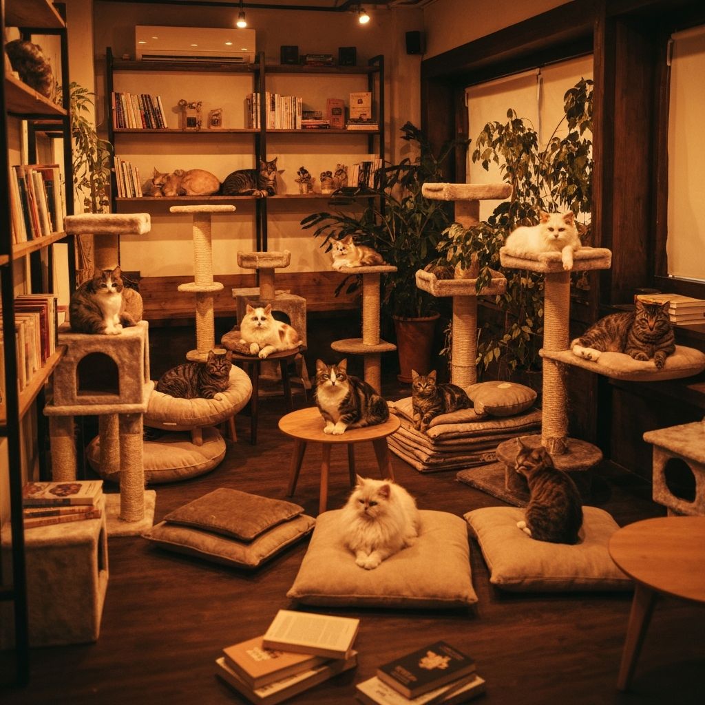 Gatos en estantes dentro del café