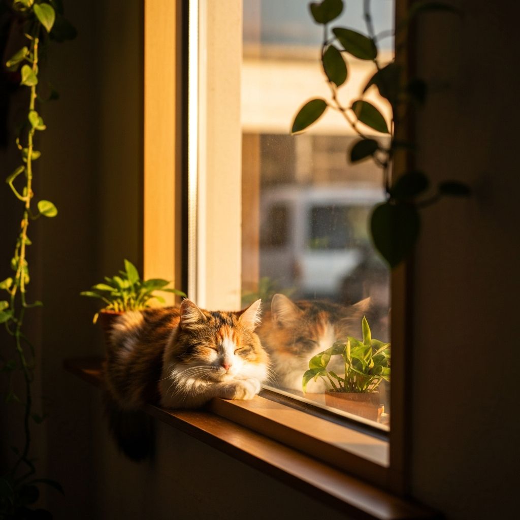 Gato durmiendo en la ventana del café